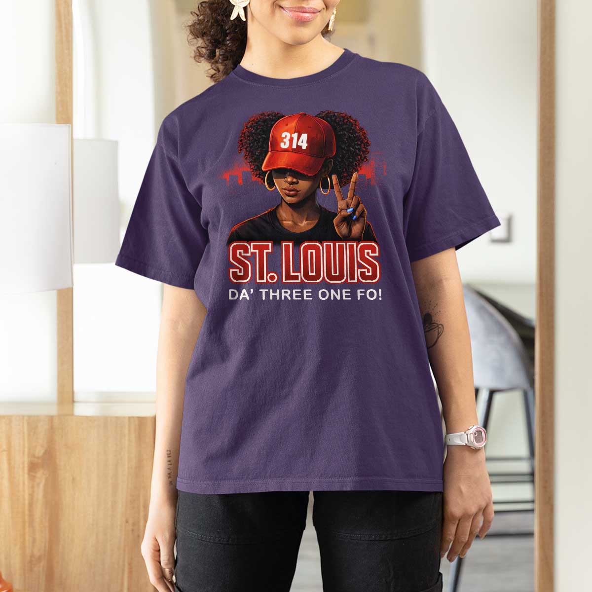 314 St Louis T Shirt For Women Red Hat African American Woman STL City Pride Area Code