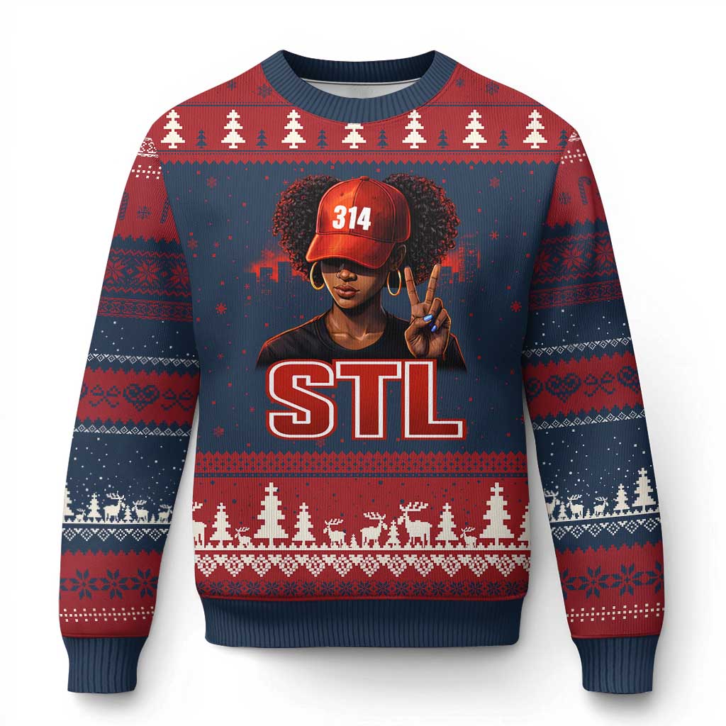 314 STL Ugly Christmas Sweater Red Hat African American Woman  Area Code St Louis City Pride