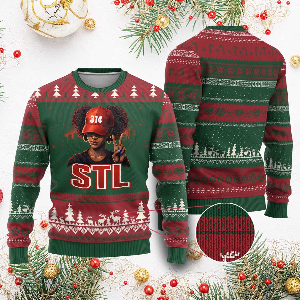 314 STL Ugly Christmas Sweater Red Hat African American Woman  Area Code St Louis City Pride