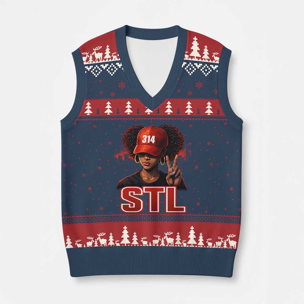 314 STL V-Neck Knit Sweater Vest Red Hat African American Woman  Area Code St Louis City Pride