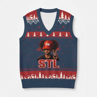 314 STL V-Neck Knit Sweater Vest Red Hat African American Woman  Area Code St Louis City Pride