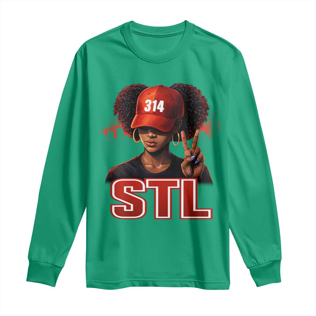 314 STL Long Sleeve Shirt Red Hat African American Woman  Area Code St Louis City Pride