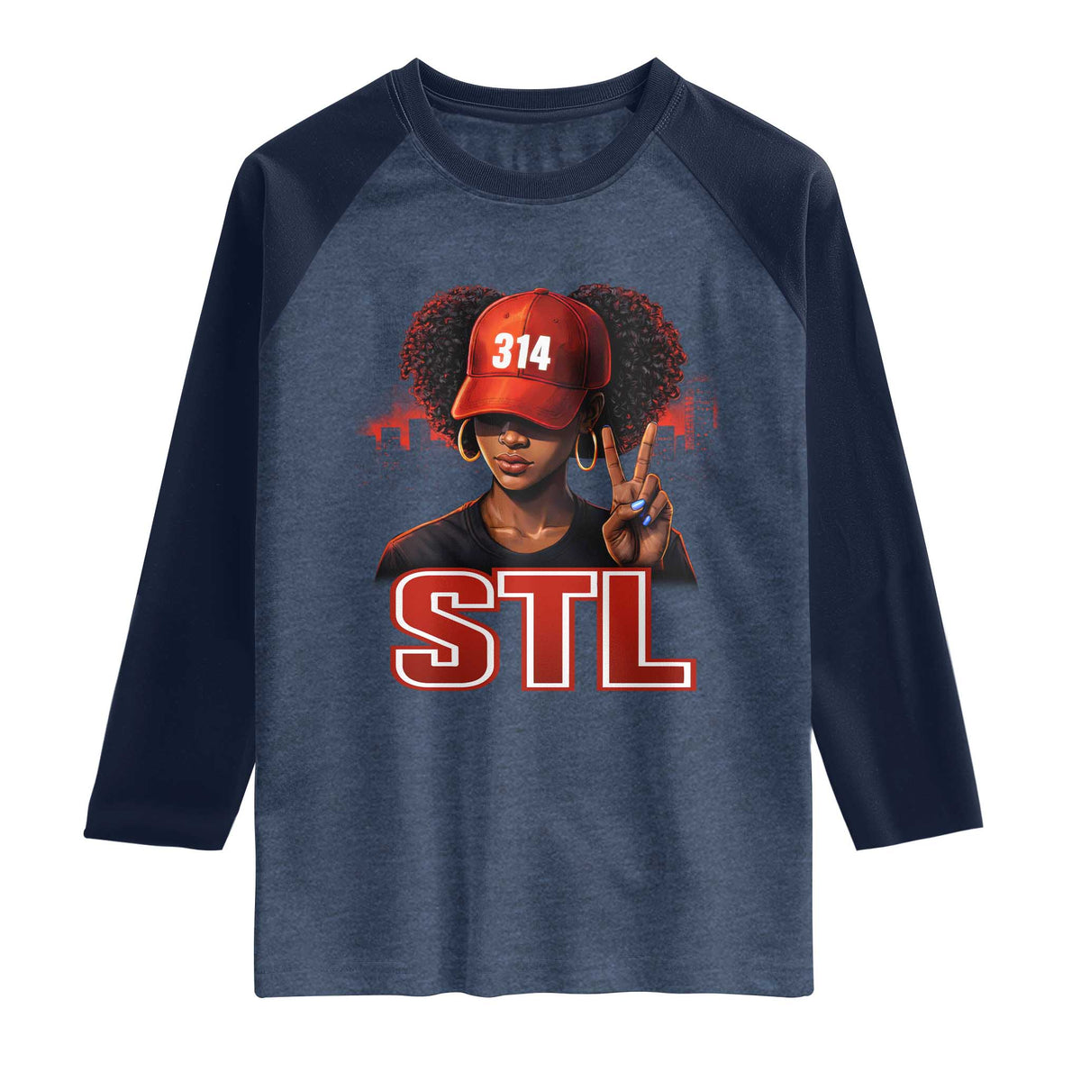 314 STL Raglan Shirt Red Hat African American Woman  Area Code St Louis City Pride