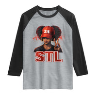 314 STL Raglan Shirt Red Hat African American Woman  Area Code St Louis City Pride