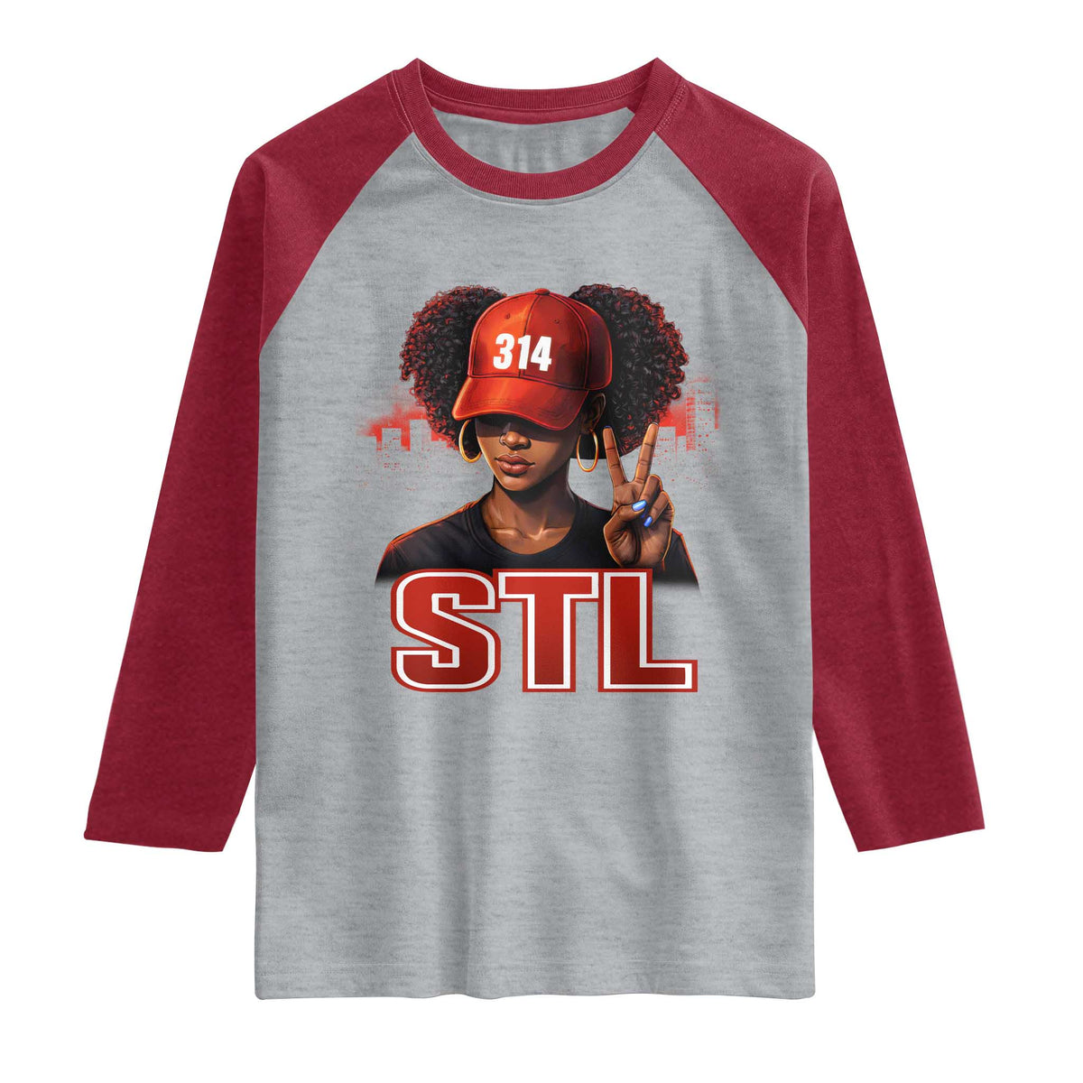 314 STL Raglan Shirt Red Hat African American Woman  Area Code St Louis City Pride