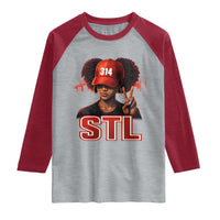 314 STL Raglan Shirt Red Hat African American Woman  Area Code St Louis City Pride