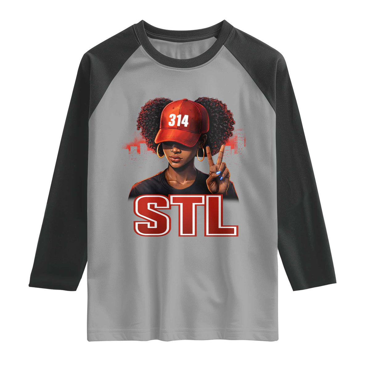 314 STL Raglan Shirt Red Hat African American Woman  Area Code St Louis City Pride