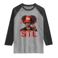 314 STL Raglan Shirt Red Hat African American Woman  Area Code St Louis City Pride
