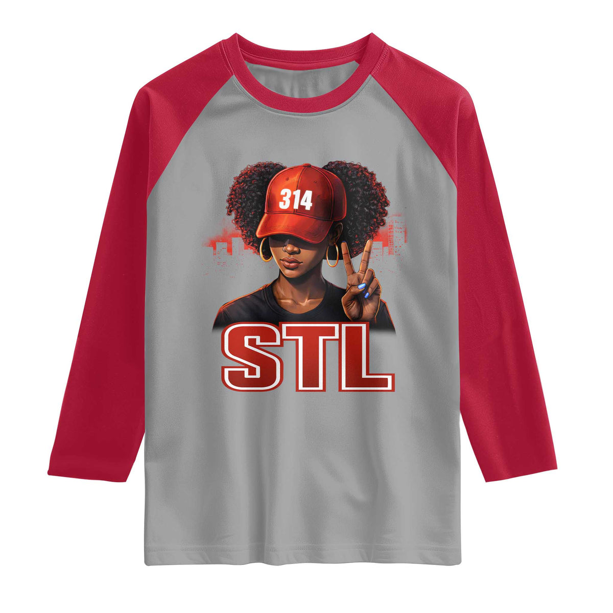 314 STL Raglan Shirt Red Hat African American Woman  Area Code St Louis City Pride