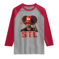 314 STL Raglan Shirt Red Hat African American Woman  Area Code St Louis City Pride