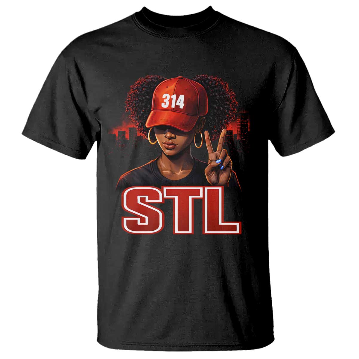 314 STL T Shirt Red Hat African American Woman  Area Code St Louis City Pride