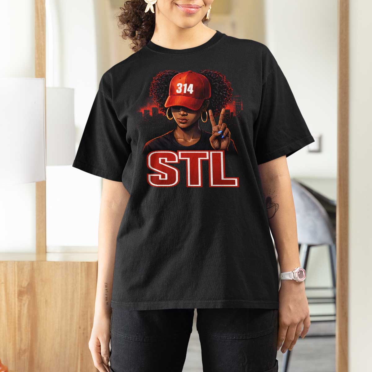 314 STL T Shirt For Women Red Hat African American Woman  Area Code St Louis City Pride