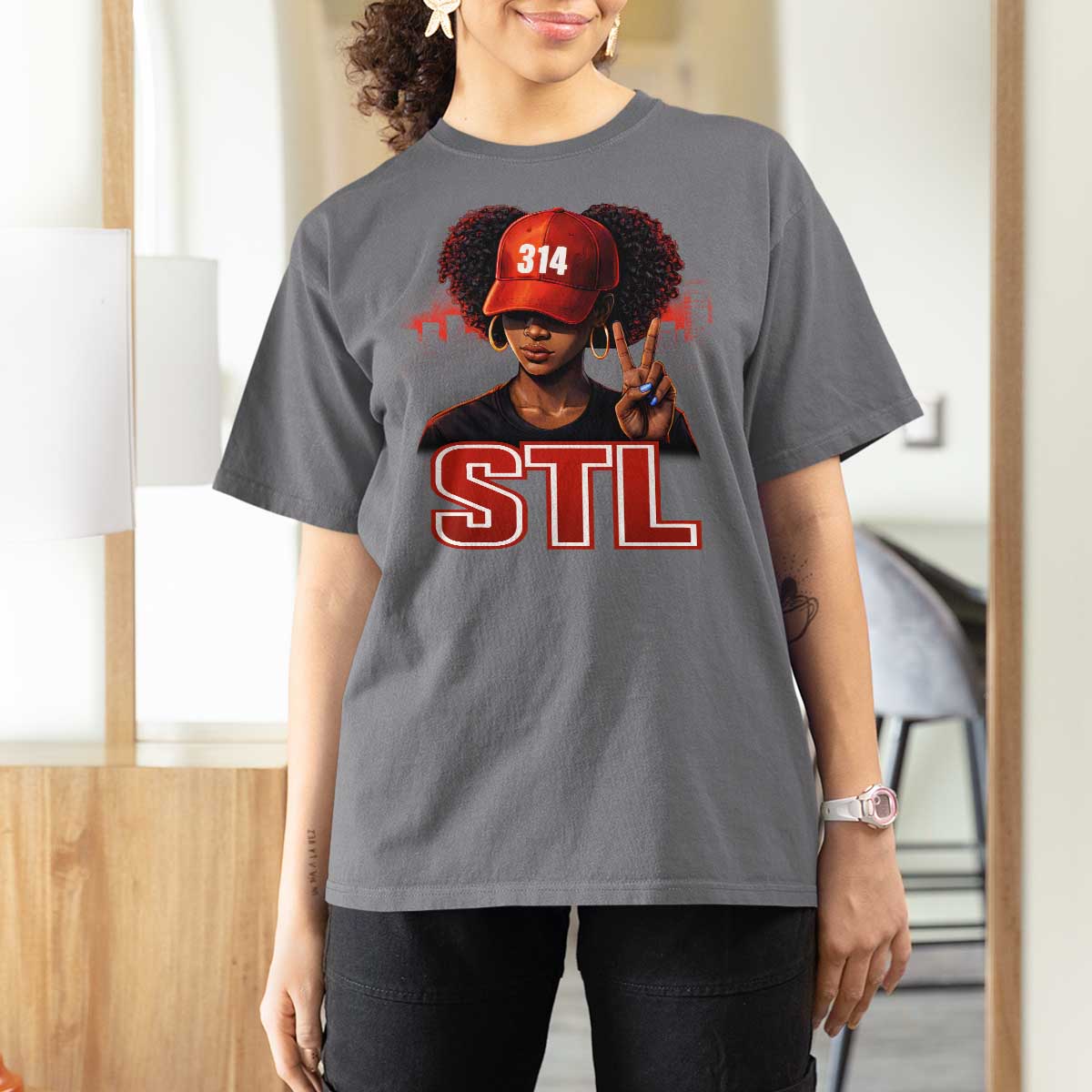 314 STL T Shirt For Women Red Hat African American Woman  Area Code St Louis City Pride