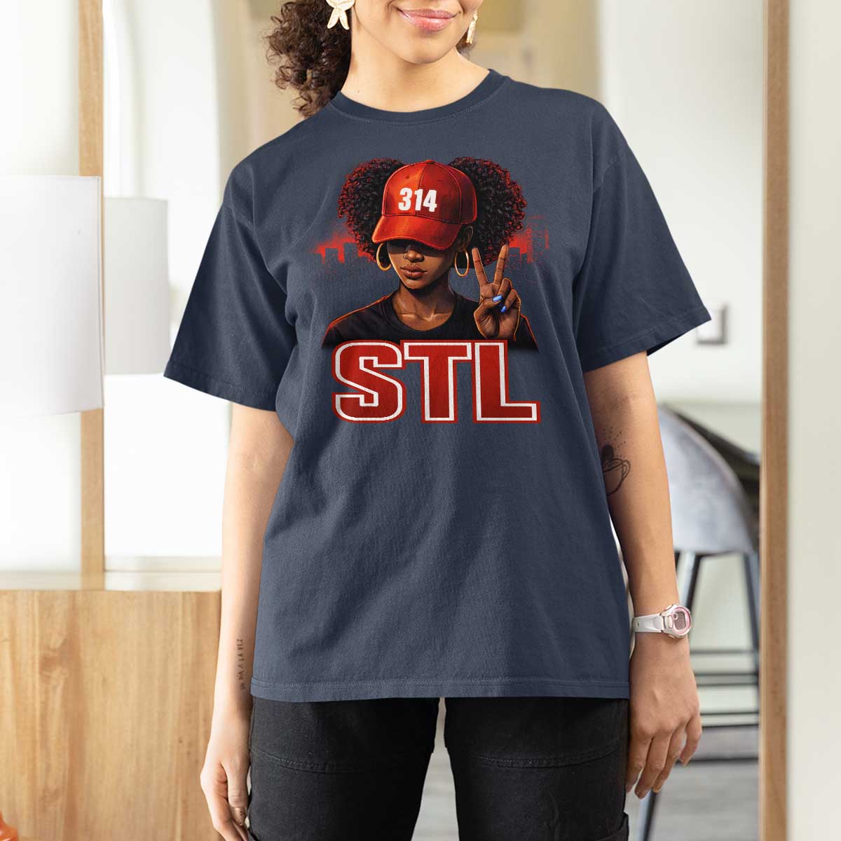 314 STL T Shirt For Women Red Hat African American Woman  Area Code St Louis City Pride