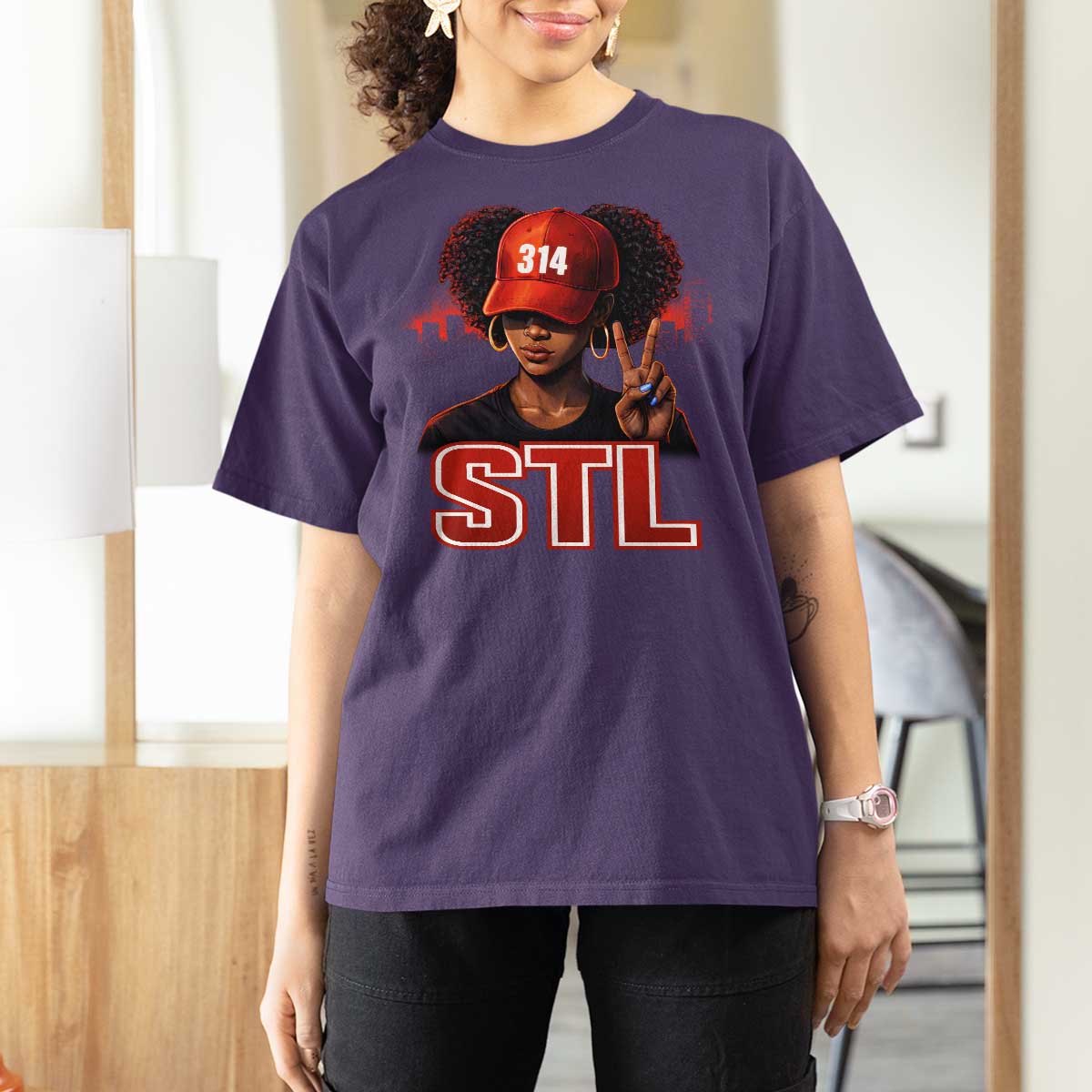 314 STL T Shirt For Women Red Hat African American Woman  Area Code St Louis City Pride
