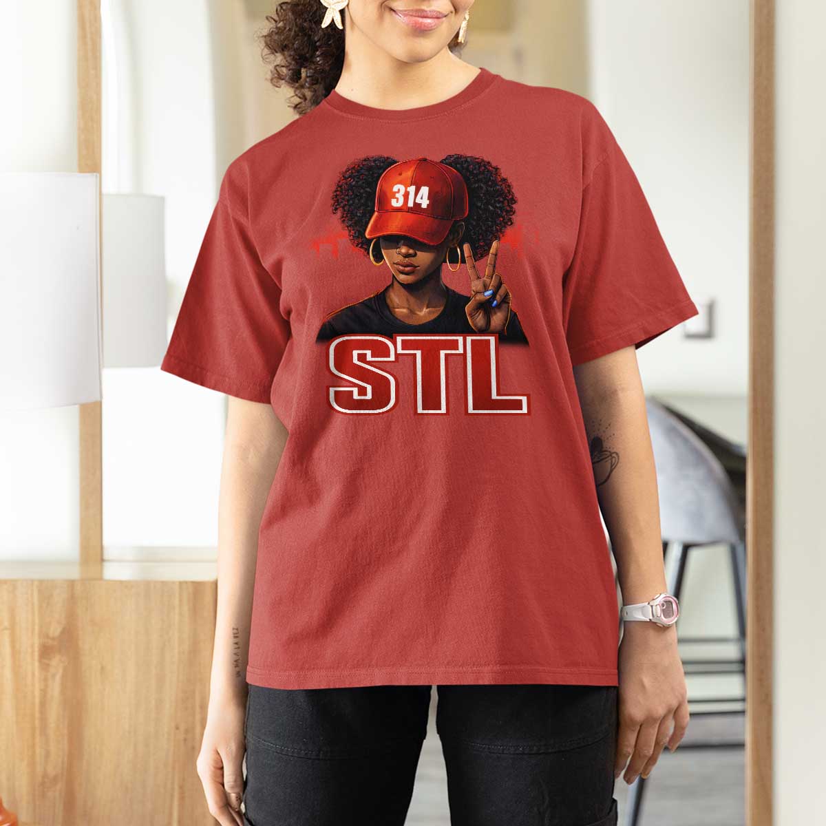 314 STL T Shirt For Women Red Hat African American Woman  Area Code St Louis City Pride