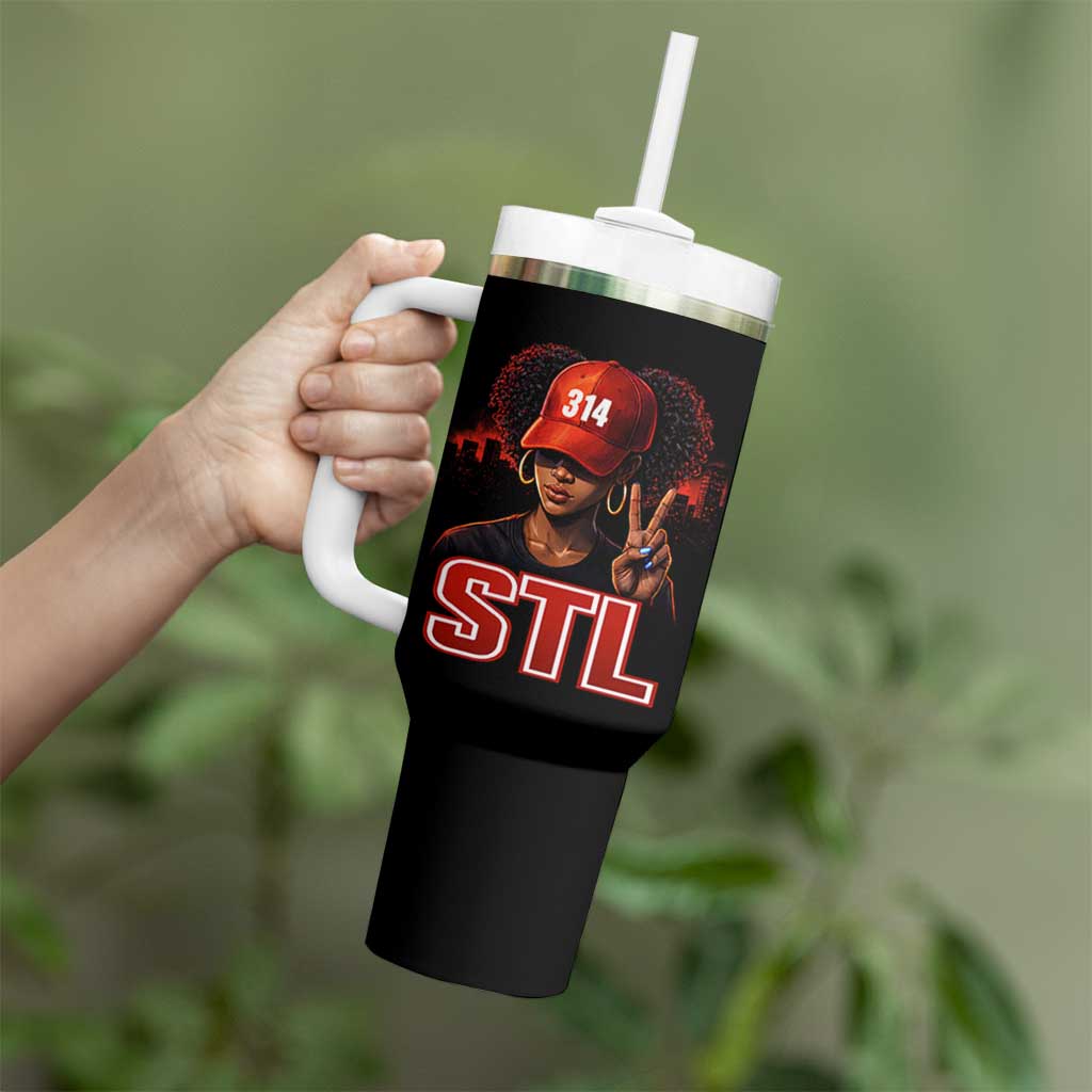314 STL Tumbler With Handle Red Hat African American Woman  Area Code St Louis City Pride