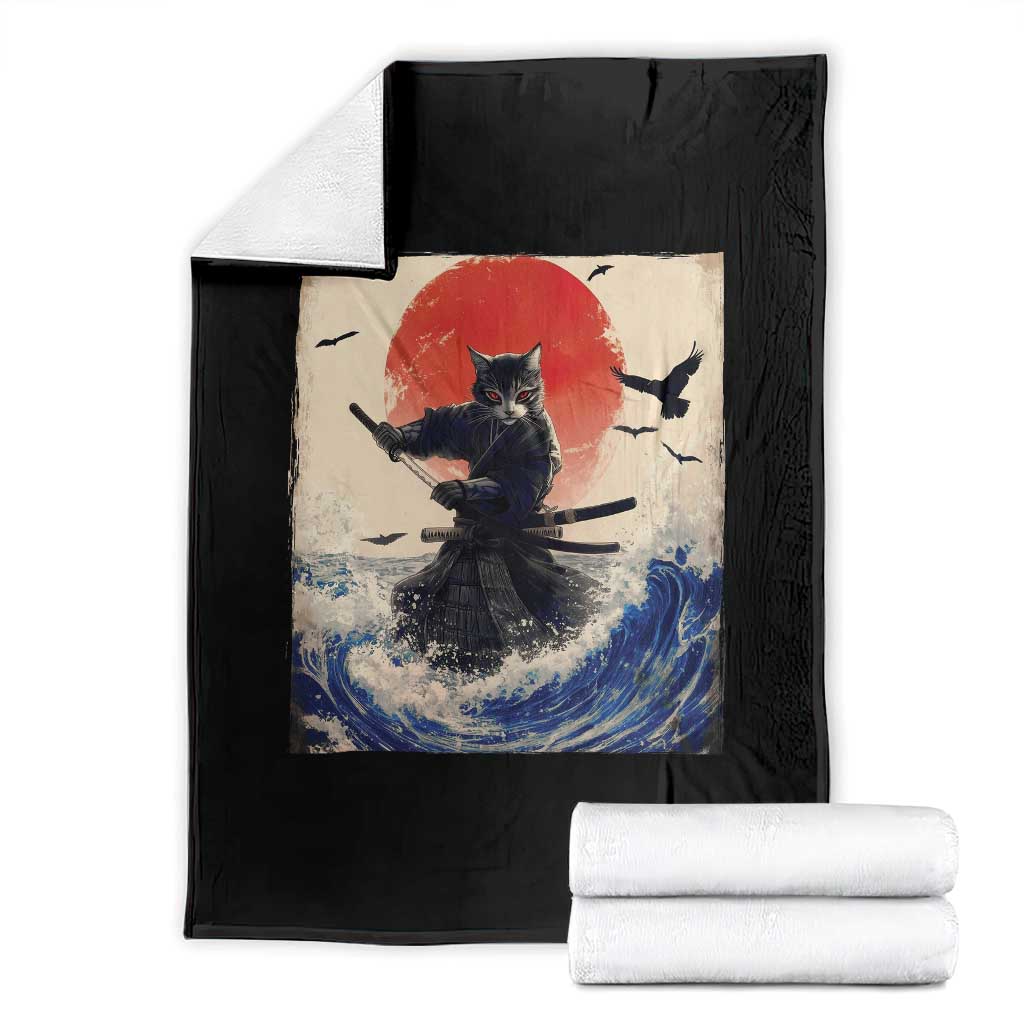 Samurai Cat Throw Blanket Vintage Japanese Art Anime Ukiyo-e Warrior - Wonder Print Shop