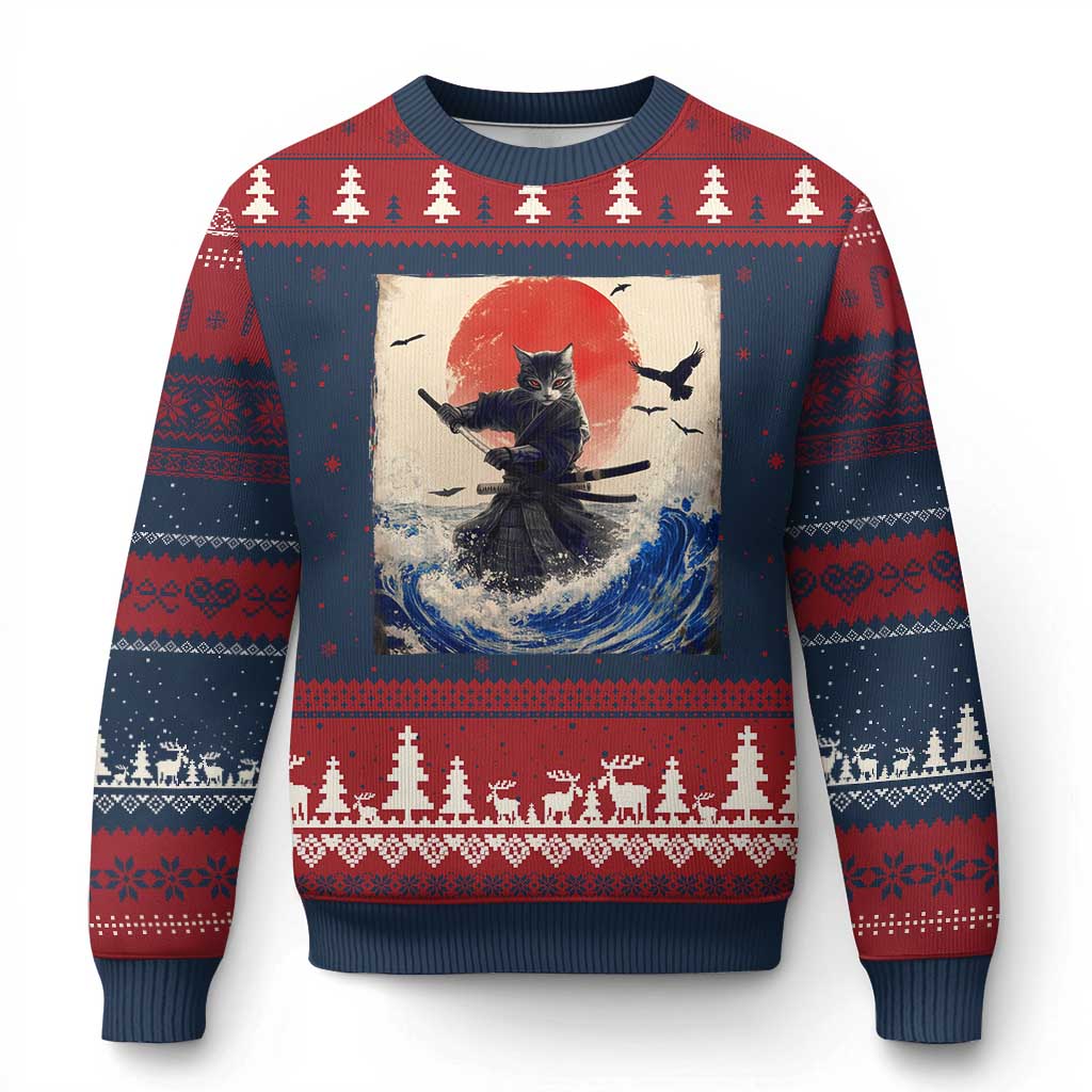 Samurai Cat Ugly Christmas Sweater Vintage Japanese Art Anime Ukiyo-e Warrior - Wonder Print Shop
