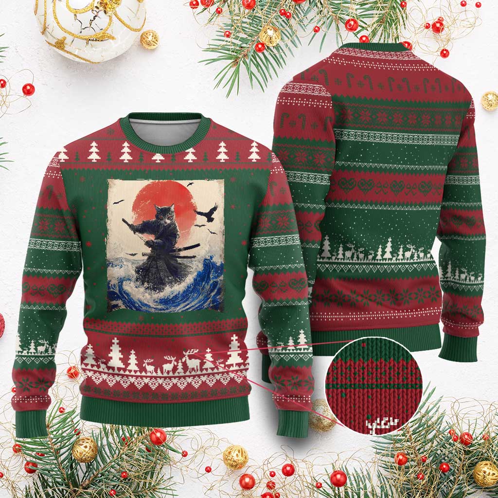 Samurai Cat Ugly Christmas Sweater Vintage Japanese Art Anime Ukiyo-e Warrior - Wonder Print Shop