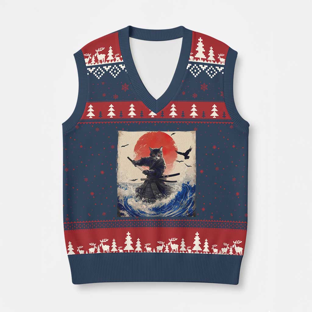 Samurai Cat V-Neck Knit Sweater Vest Vintage Japanese Art Anime Ukiyo-e Warrior - Wonder Print Shop