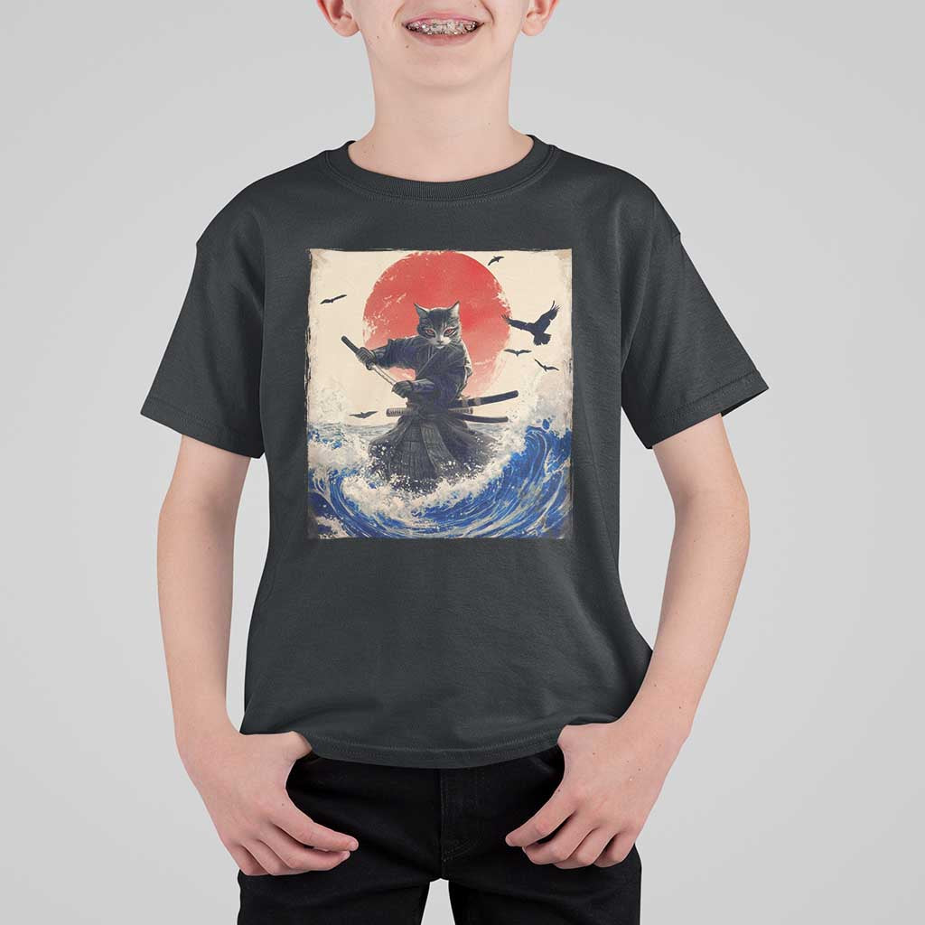 Samurai Cat T Shirt For Kid Vintage Japanese Art Anime Ukiyo-e Warrior - Wonder Print Shop