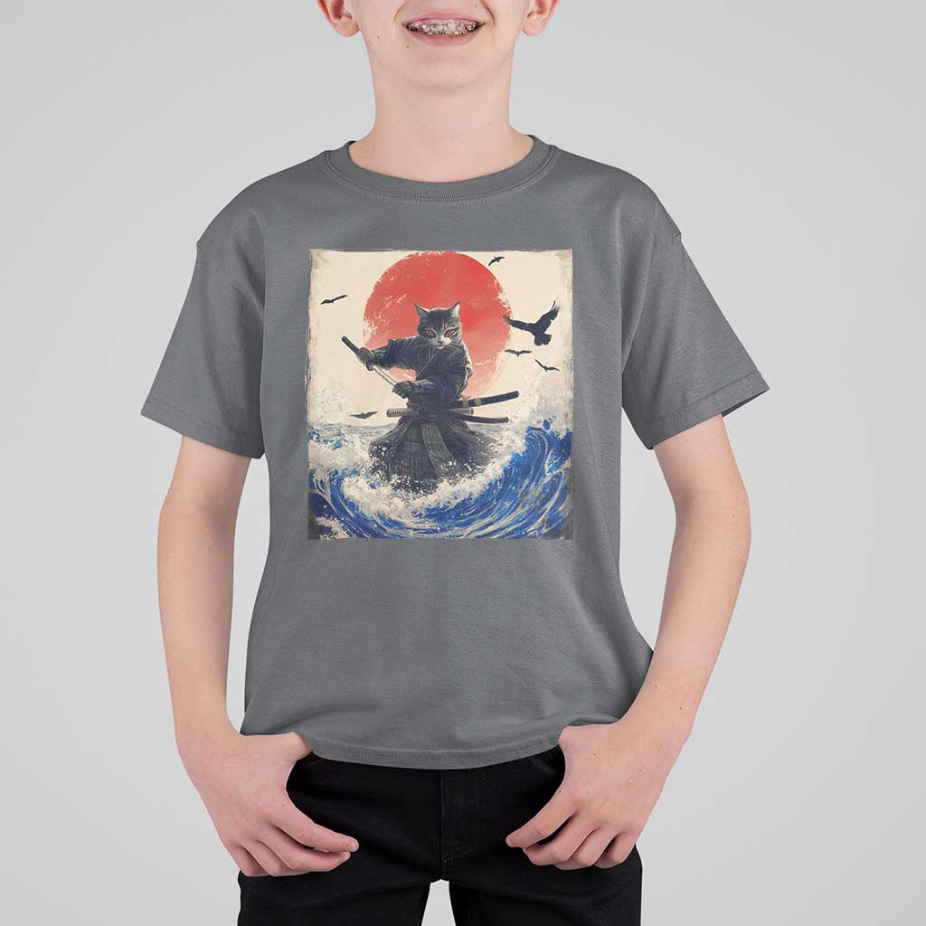 Samurai Cat T Shirt For Kid Vintage Japanese Art Anime Ukiyo-e Warrior - Wonder Print Shop