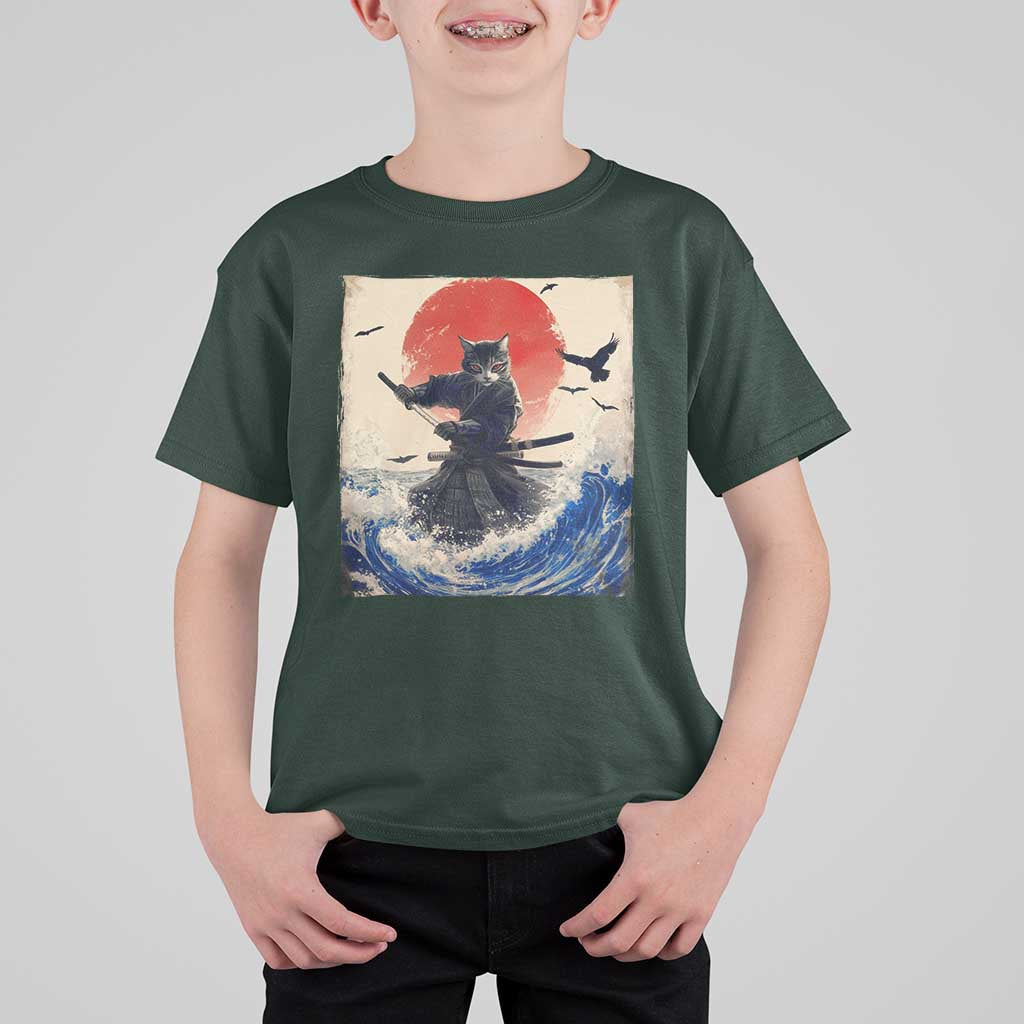 Samurai Cat T Shirt For Kid Vintage Japanese Art Anime Ukiyo-e Warrior - Wonder Print Shop