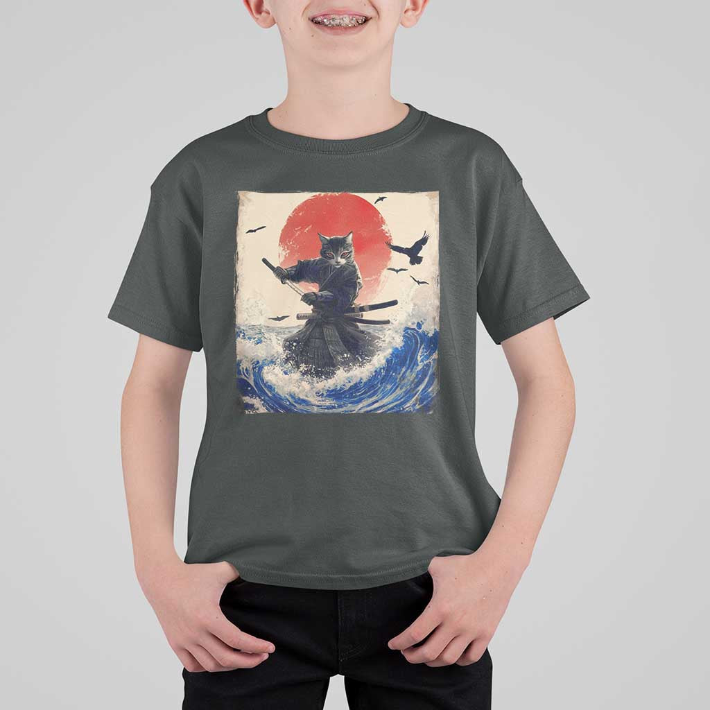 Samurai Cat T Shirt For Kid Vintage Japanese Art Anime Ukiyo-e Warrior - Wonder Print Shop