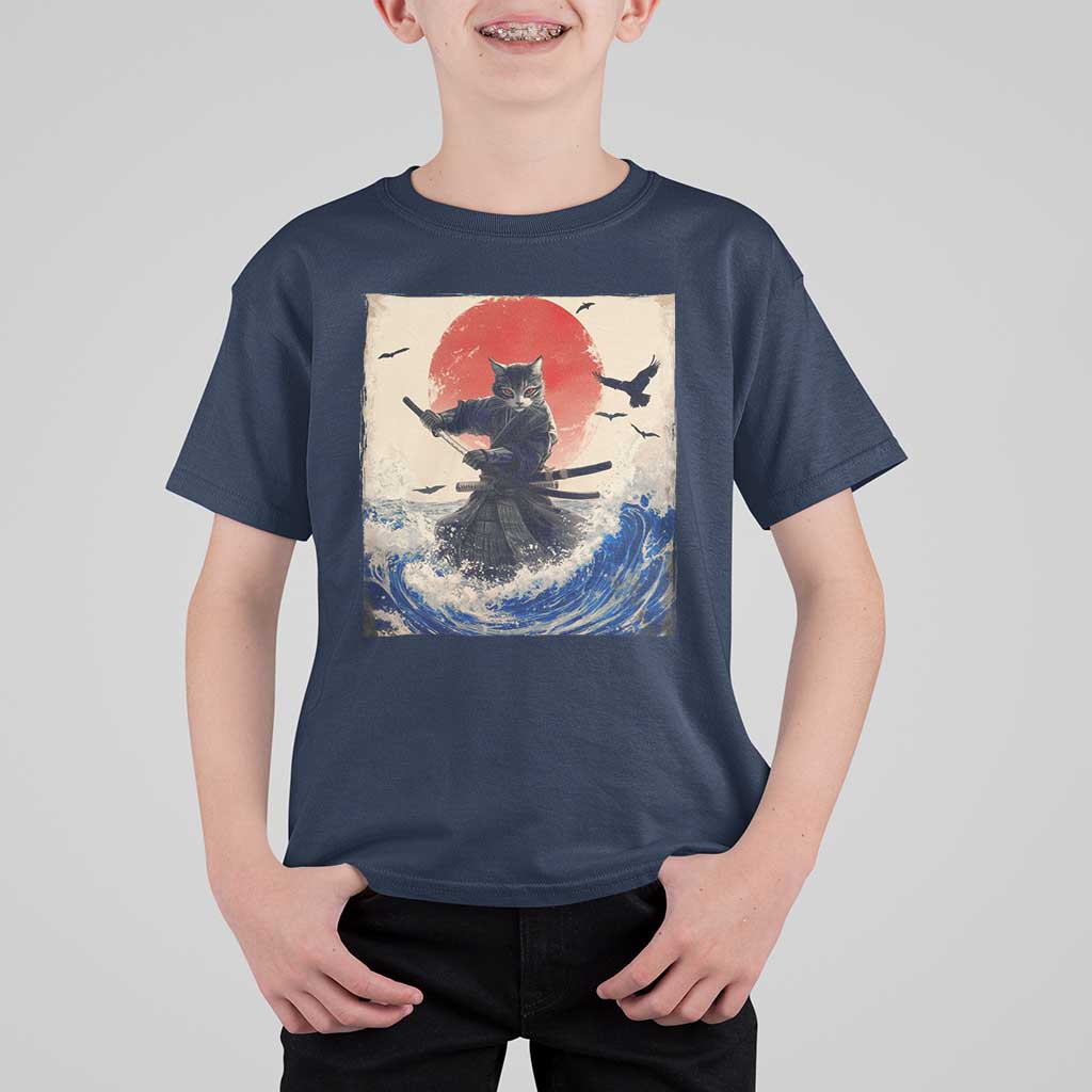 Samurai Cat T Shirt For Kid Vintage Japanese Art Anime Ukiyo-e Warrior - Wonder Print Shop