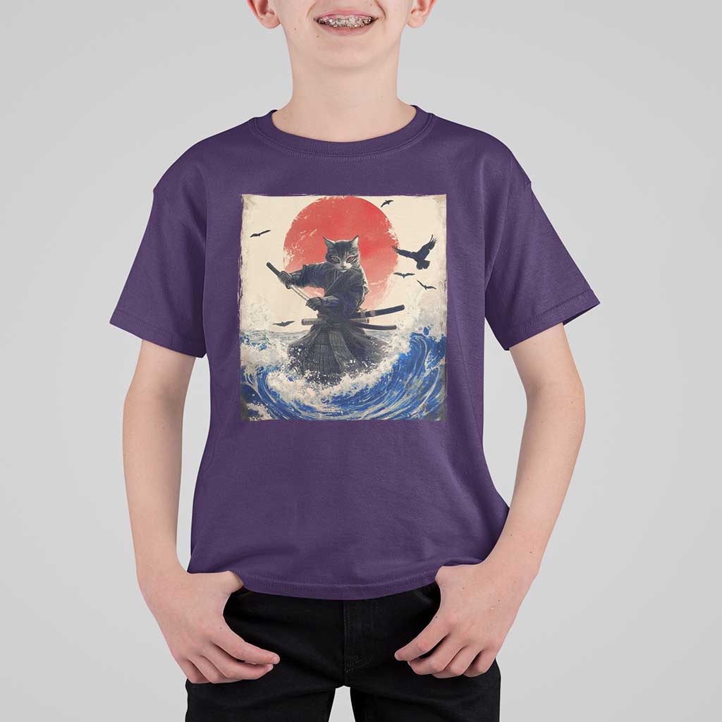 Samurai Cat T Shirt For Kid Vintage Japanese Art Anime Ukiyo-e Warrior - Wonder Print Shop