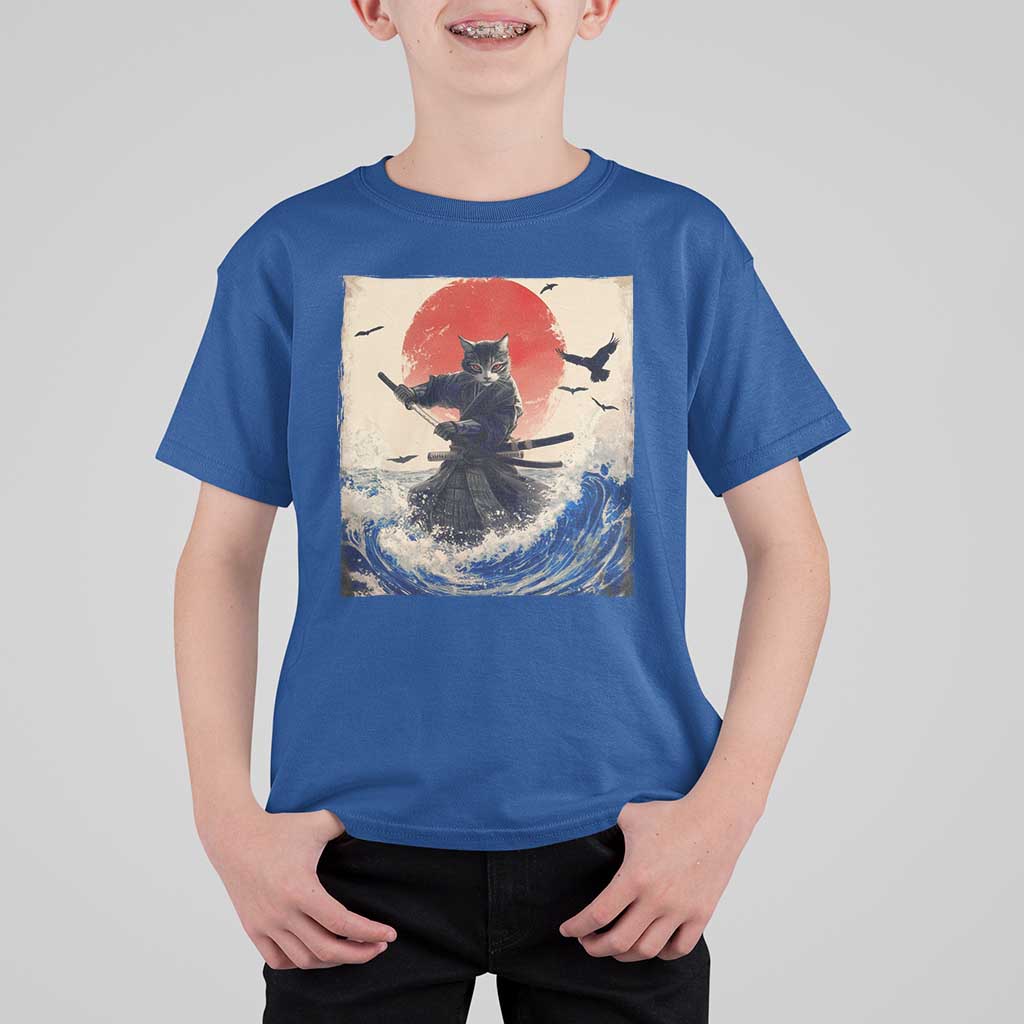 Samurai Cat T Shirt For Kid Vintage Japanese Art Anime Ukiyo-e Warrior - Wonder Print Shop