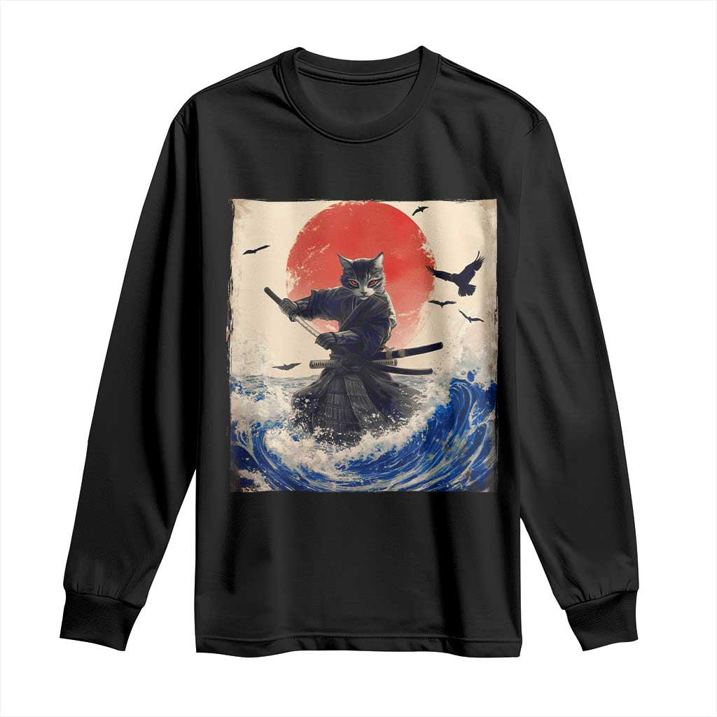Samurai Cat Long Sleeve Shirt Vintage Japanese Art Anime Ukiyo-e Warrior - Wonder Print Shop
