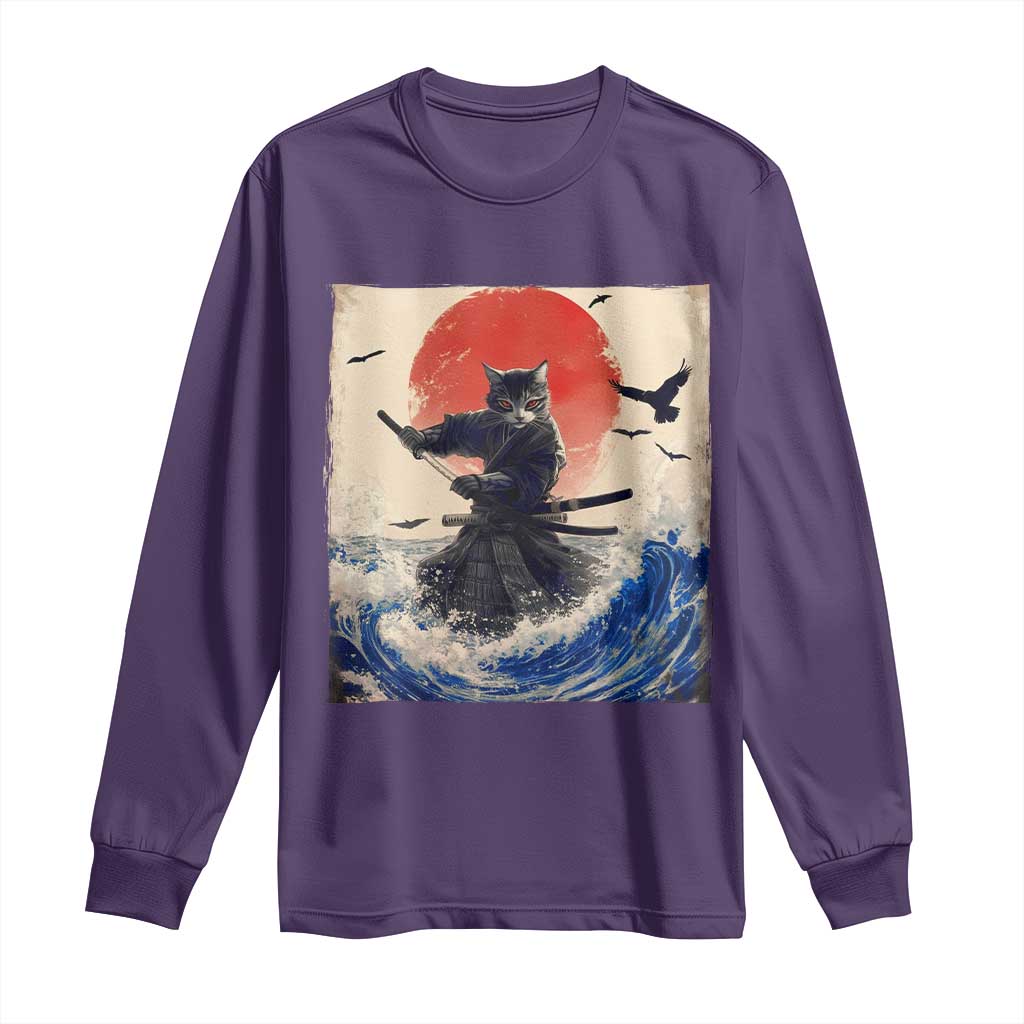 Samurai Cat Long Sleeve Shirt Vintage Japanese Art Anime Ukiyo-e Warrior - Wonder Print Shop