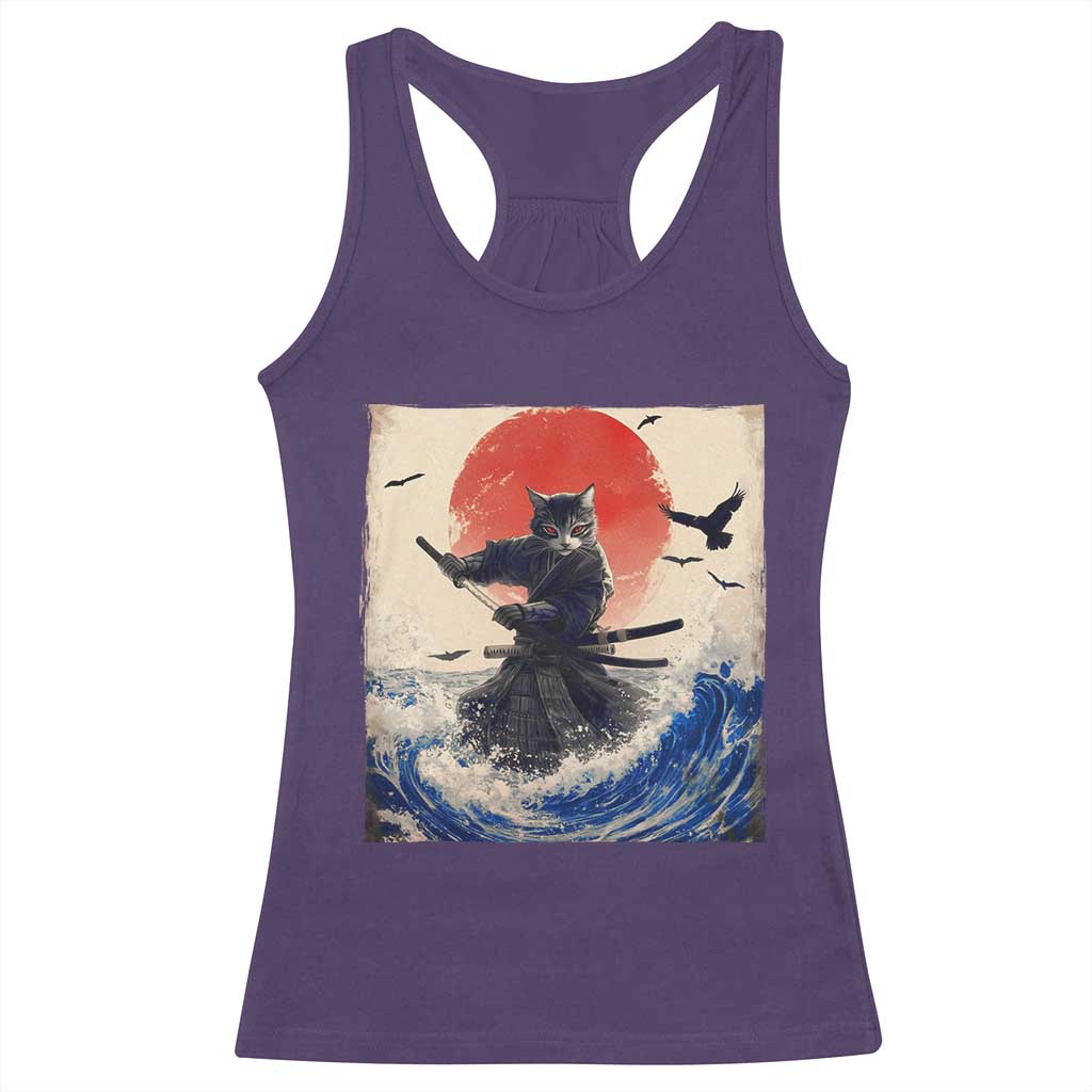 Samurai Cat Racerback Tank Top Vintage Japanese Art Anime Ukiyo-e Warrior - Wonder Print Shop