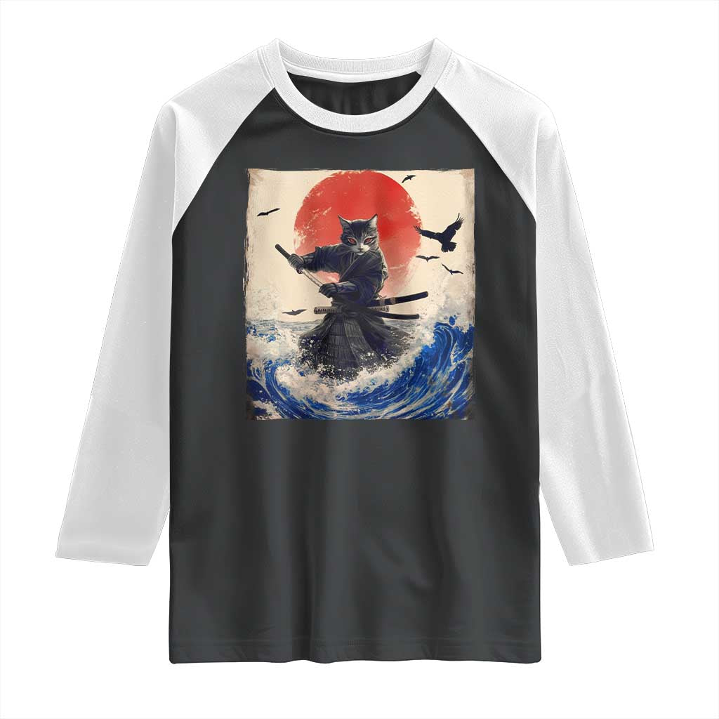 Samurai Cat Raglan Shirt Vintage Japanese Art Anime Ukiyo-e Warrior - Wonder Print Shop