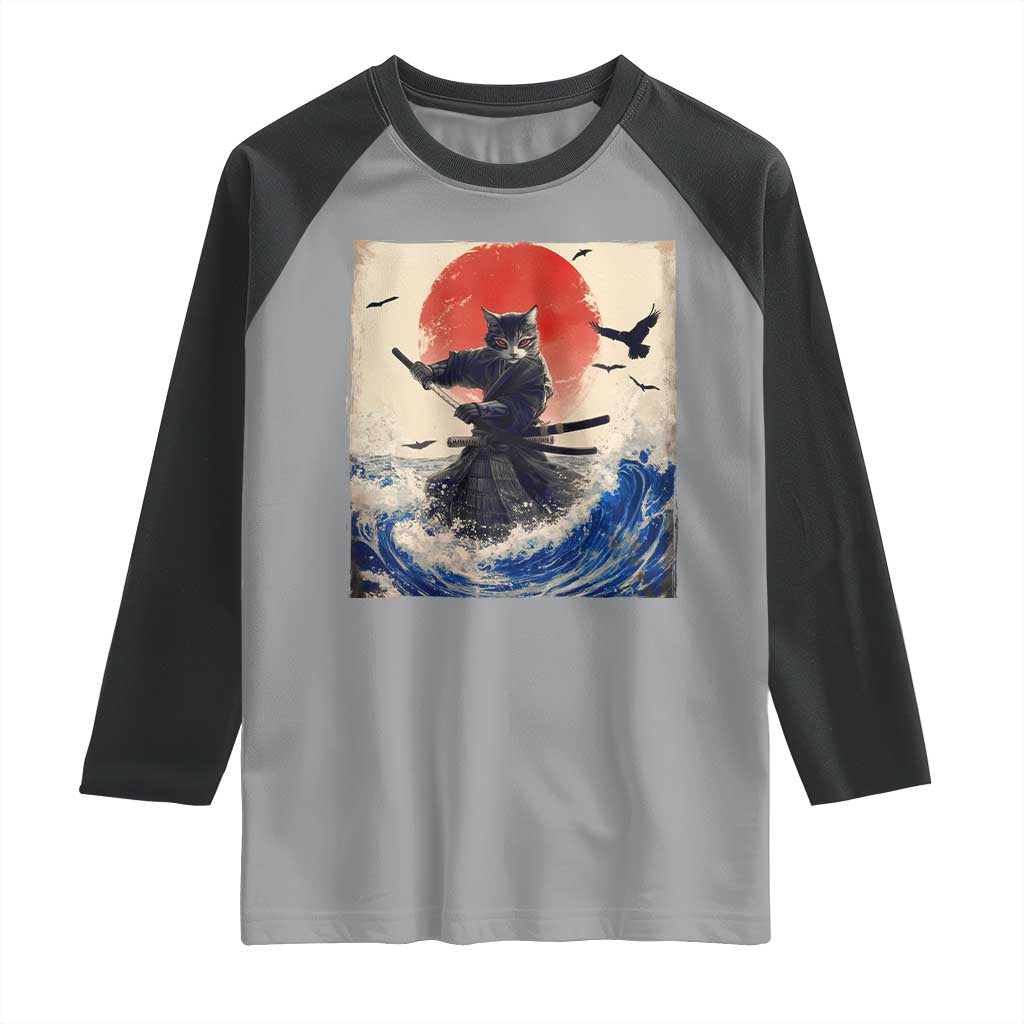 Samurai Cat Raglan Shirt Vintage Japanese Art Anime Ukiyo-e Warrior - Wonder Print Shop