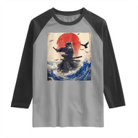 Samurai Cat Raglan Shirt Vintage Japanese Art Anime Ukiyo-e Warrior - Wonder Print Shop