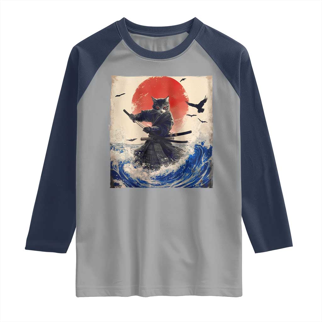 Samurai Cat Raglan Shirt Vintage Japanese Art Anime Ukiyo-e Warrior - Wonder Print Shop