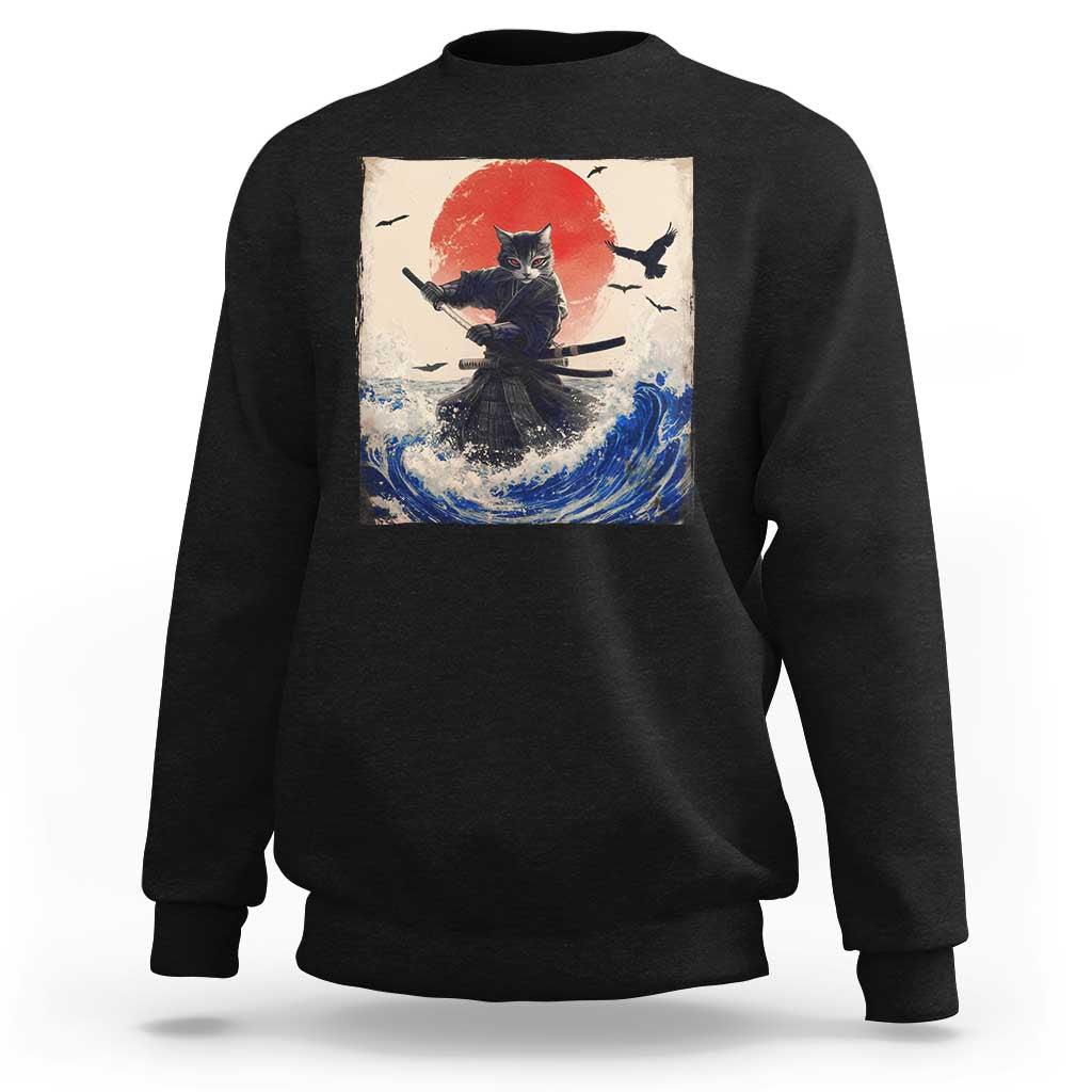 Samurai Cat Sweatshirt Vintage Japanese Art Anime Ukiyo-e Warrior - Wonder Print Shop