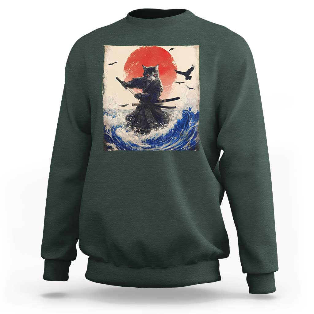 Samurai Cat Sweatshirt Vintage Japanese Art Anime Ukiyo-e Warrior - Wonder Print Shop
