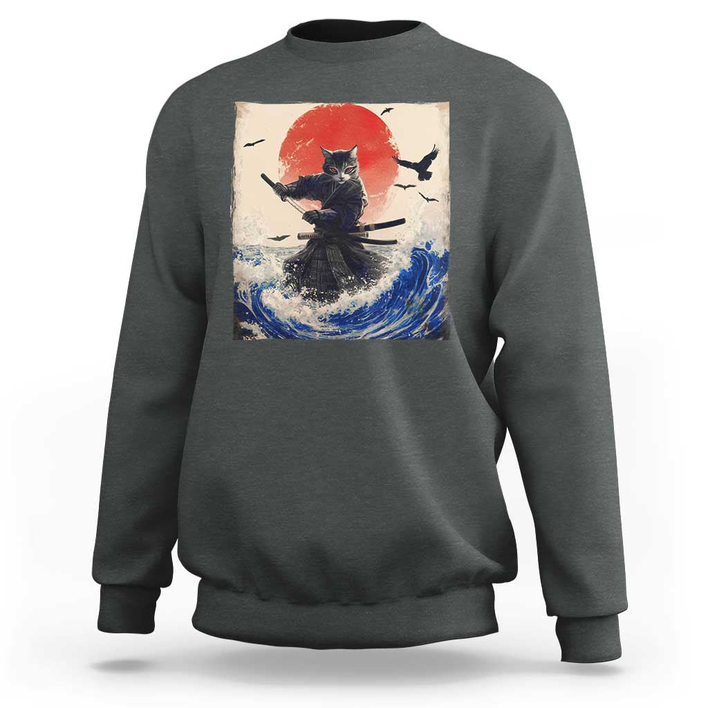 Samurai Cat Sweatshirt Vintage Japanese Art Anime Ukiyo-e Warrior - Wonder Print Shop