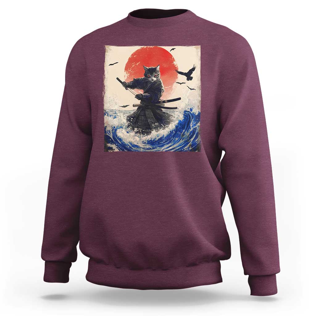 Samurai Cat Sweatshirt Vintage Japanese Art Anime Ukiyo-e Warrior - Wonder Print Shop