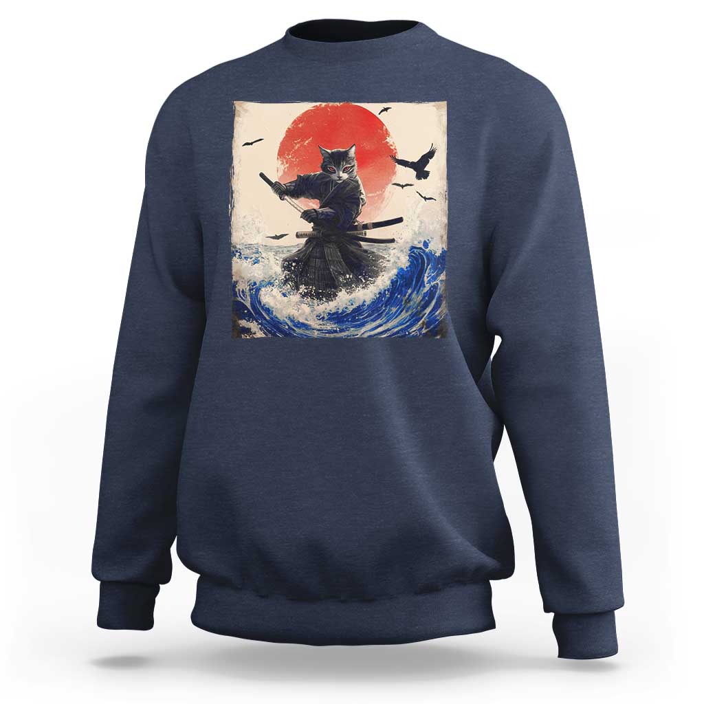 Samurai Cat Sweatshirt Vintage Japanese Art Anime Ukiyo-e Warrior - Wonder Print Shop