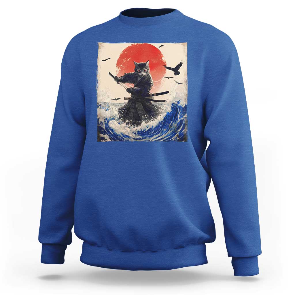 Samurai Cat Sweatshirt Vintage Japanese Art Anime Ukiyo-e Warrior - Wonder Print Shop