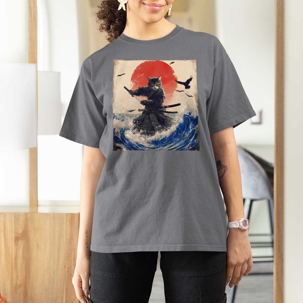 Samurai Cat T Shirt For Women Vintage Japanese Art Anime Ukiyo-e Warrior - Wonder Print Shop