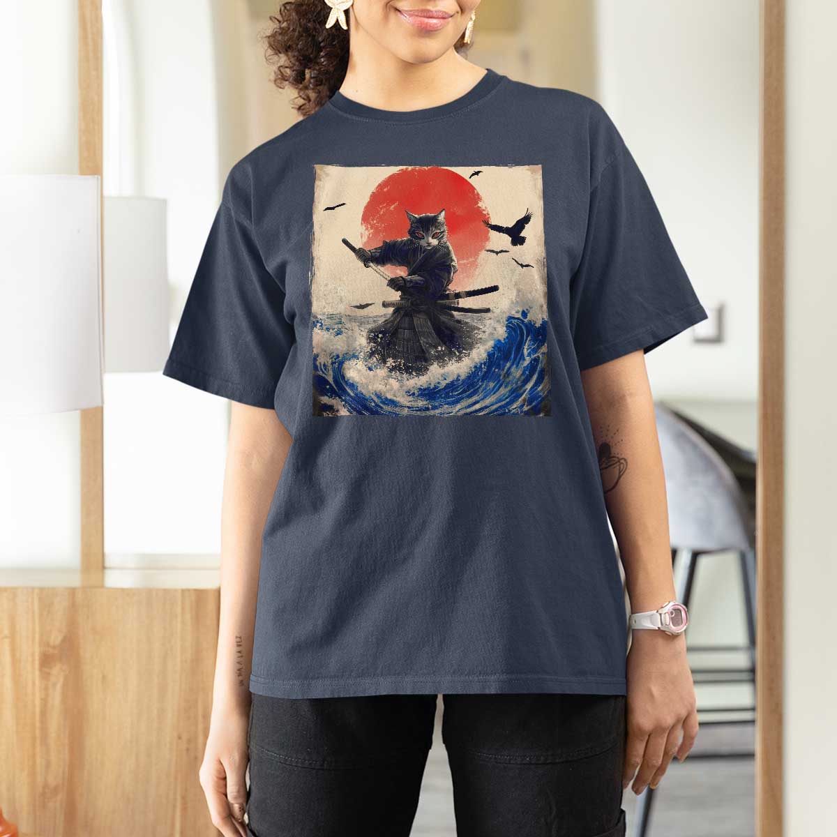 Samurai Cat T Shirt For Women Vintage Japanese Art Anime Ukiyo-e Warrior - Wonder Print Shop