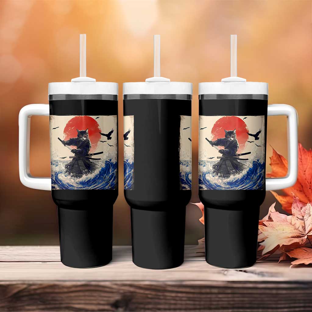Samurai Cat Tumbler With Handle Vintage Japanese Art Anime Ukiyo-e Warrior - Wonder Print Shop