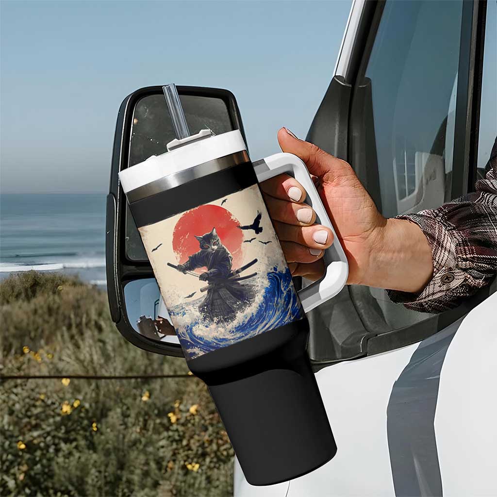 Samurai Cat Tumbler With Handle Vintage Japanese Art Anime Ukiyo-e Warrior - Wonder Print Shop