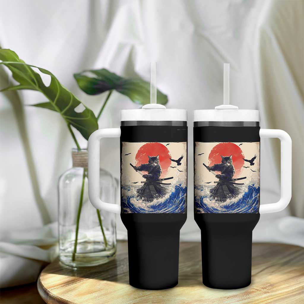 Samurai Cat Tumbler With Handle Vintage Japanese Art Anime Ukiyo-e Warrior - Wonder Print Shop